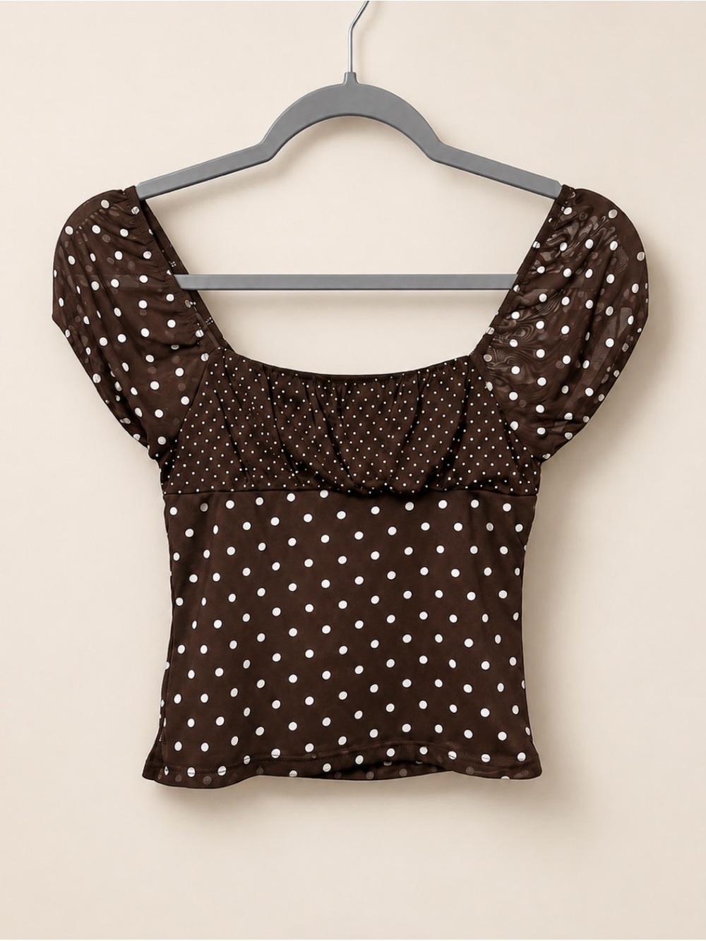 RSQ Brown & White Polka Dot Puff Sleeve Crop Top